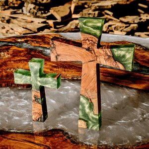 Two olive wood crosses with green epoxy, one 15cm tall and the other 25cm tall