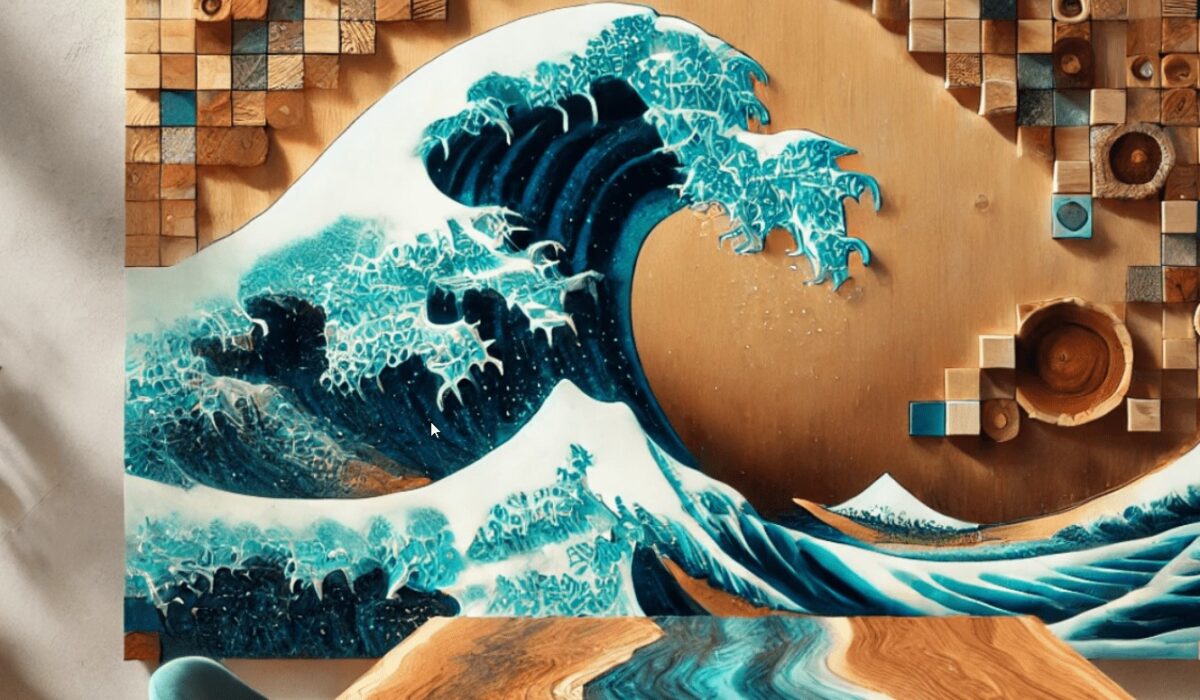 AI-generated wall art featuring an ocean wave design with mosaic wood blocks, accompanied by a wooden table with an ocean wave theme