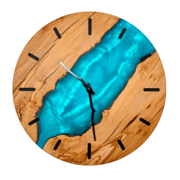 Olive wood wall clock with shimmering turquoise blue epoxy, black inlay, and black hands, available in sizes from 35cm to 50cm