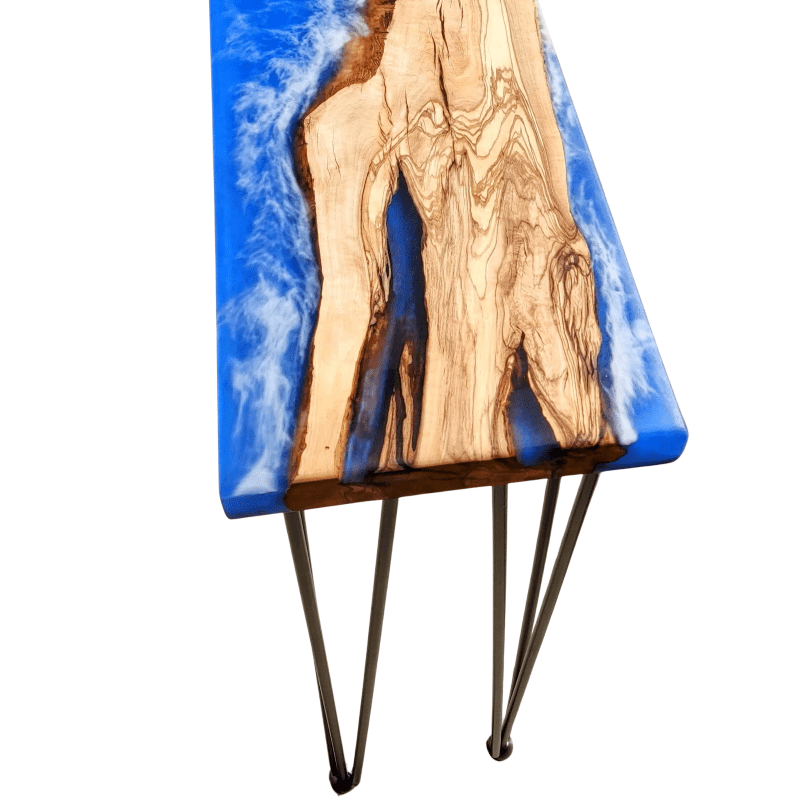 Olive wood console with blue ocean wave epoxy design