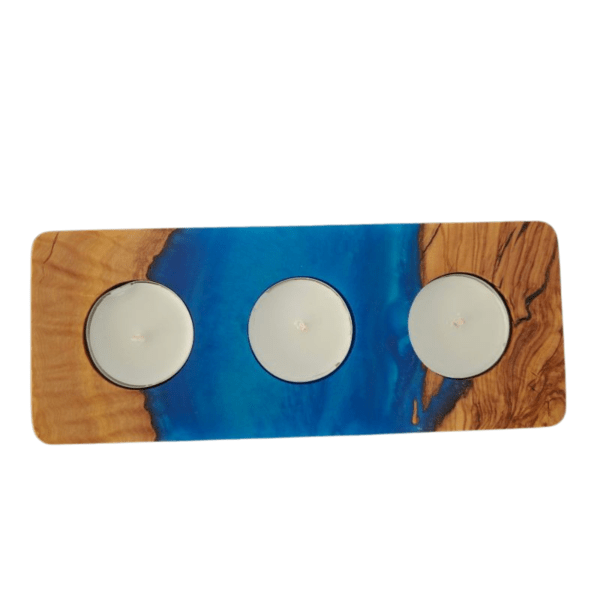 Blue tealight holder with a white background, measuring 20 cm by 8 cm, elegantly holding two tealights