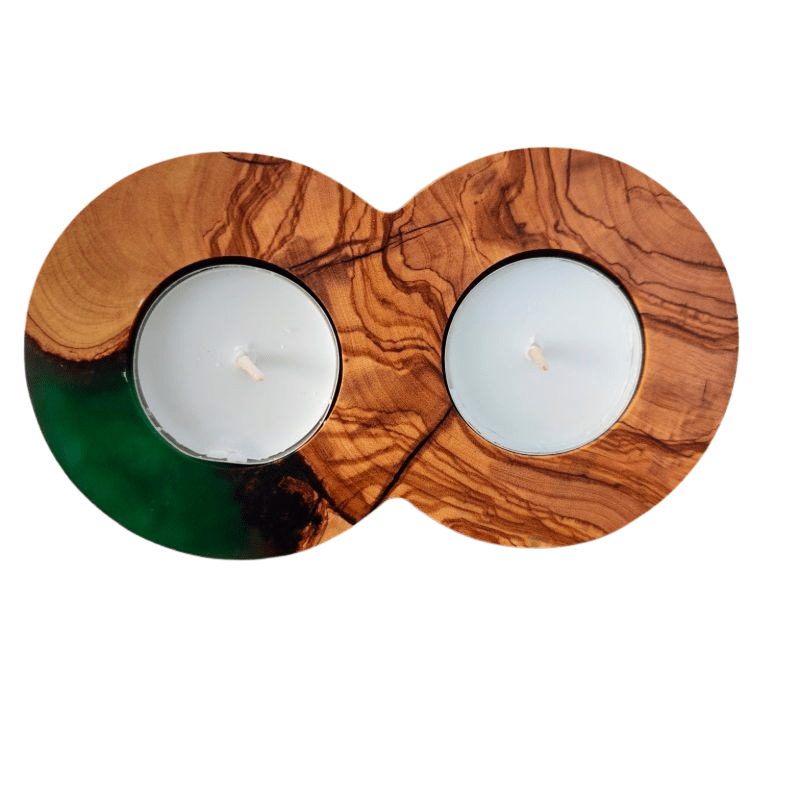 Olive wood green epoxy tealight holder in an infinity shape, approximately 15 cm by 10 cm, holding two tealights